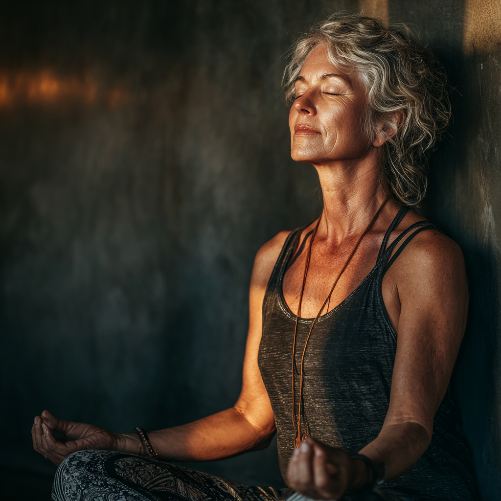 Mature woman in her 50s peacefully practicing yoga meditation in a serene studio setting