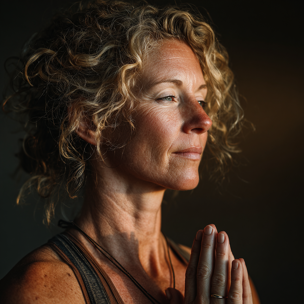 Professional yoga instructor in her 40s demonstrating a gentle pose in natural lighting